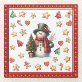 Posavasos De Vidrio Glass Coaster Snowman and Christmas Cookies Red
