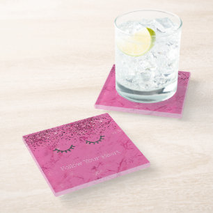 Posavasos De Vidrio Glitzy Black Eyelashes Purpurina de Mármol Rosa