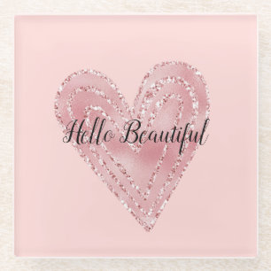 Posavasos De Vidrio Glitzy Heart, Purpurina Rosa Rubor