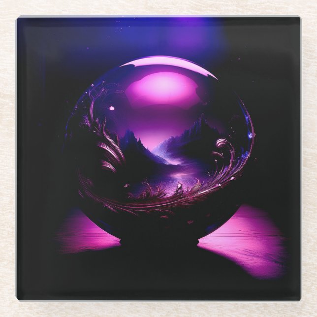 Posavasos De Vidrio Globe transparente morado con paisaje montañoso (Anverso)