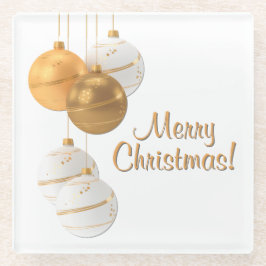 Posavasos De Vidrio Gold and White Christmas Balls Custom Text