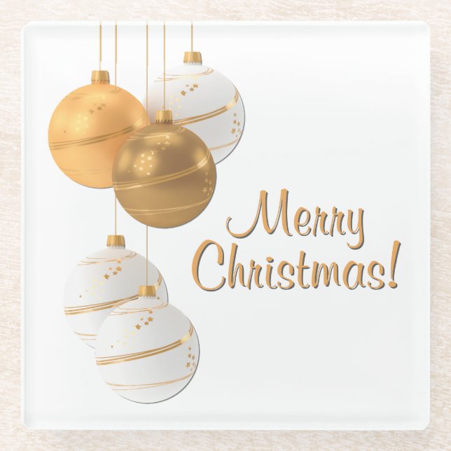 Posavasos De Vidrio Gold and White Christmas Balls Custom Text (Anverso)