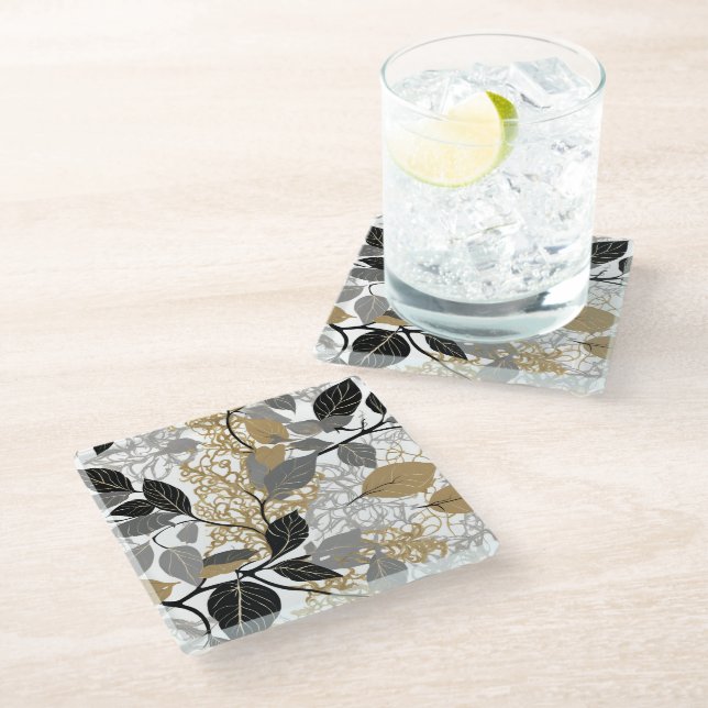 Posavasos De Vidrio Gold, Black and Grey Leaf Vine Design (Angular)