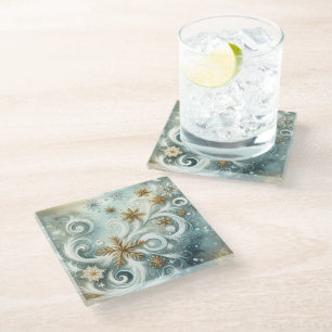 POSAVASOS DE VIDRIO GOLD BLANCO AZUL FANCY WINTER SNOWFLAKES