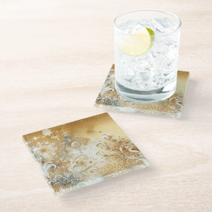 POSAVASOS DE VIDRIO GOLD BLANCO AZUL FANCY WINTER SNOWFLAKES
