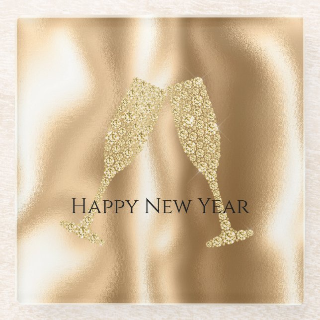 Posavasos De Vidrio Gold Diamond Sparkle Champagne Glasses New Year's (Anverso)