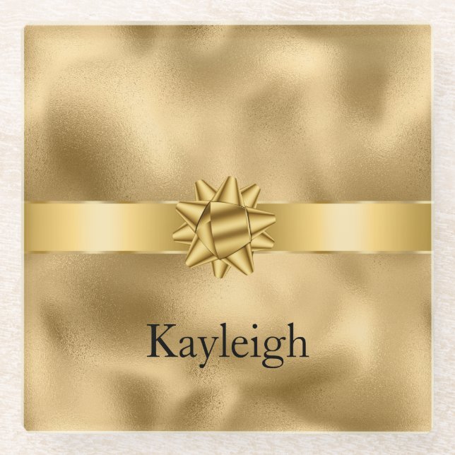 Posavasos De Vidrio Gold Glam Ribbon and Bow Christmas (Anverso)