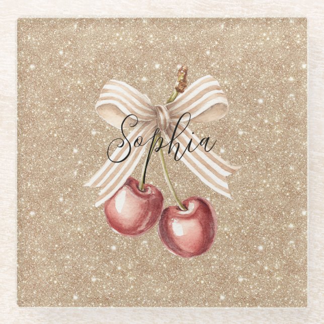 Posavasos De Vidrio Gold Glitter Red Cherries (Anverso)