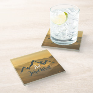 Posavasos De Vidrio Gold sunrise personalizable mountains monogram