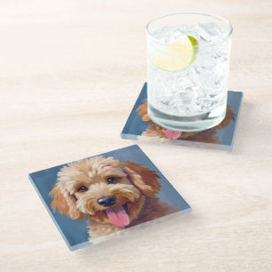 Posavasos De Vidrio Golden Doodle   Pintura Acuarela de Perro Mascota