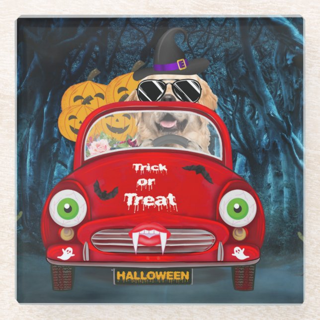 Posavasos De Vidrio Golden Retriever Dog Driing Car Sasuy Halloween (Anverso)