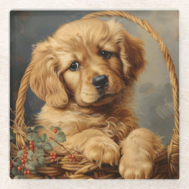 Posavasos De Vidrio Golden Retriever Puppy en una cesta