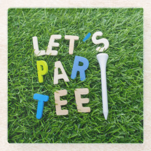 Posavasos De Vidrio Golf Par tee con palabra de fiesta golfista sobre 