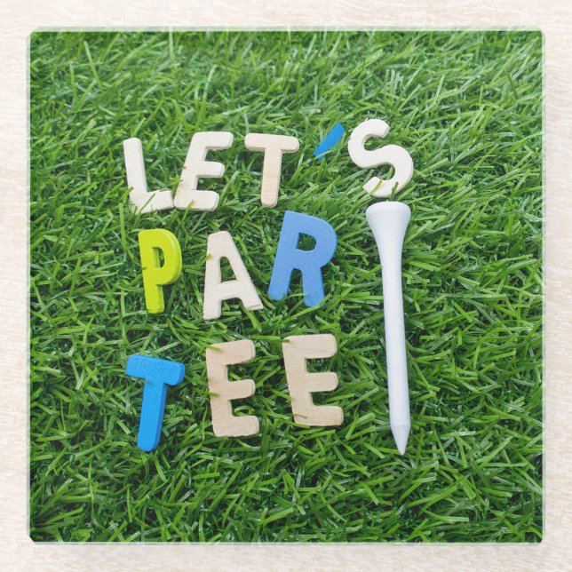 Posavasos De Vidrio Golf Par tee con palabra de fiesta golfista sobre  (Anverso)