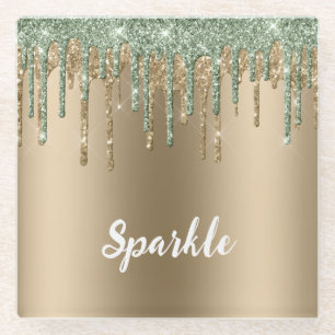 Posavasos De Vidrio Goteos de brillo de oro bronce menta