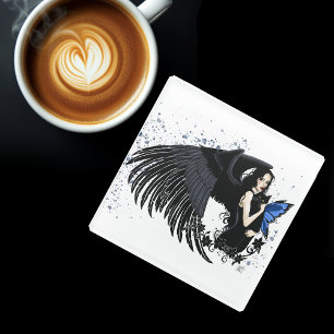 Posavasos De Vidrio Gótico Angel Wings Black Cat