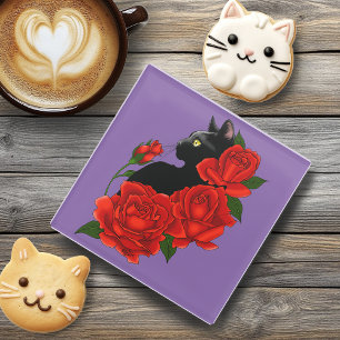Posavasos De Vidrio Gótico Gato Negro Rosas Rojas Púrpura