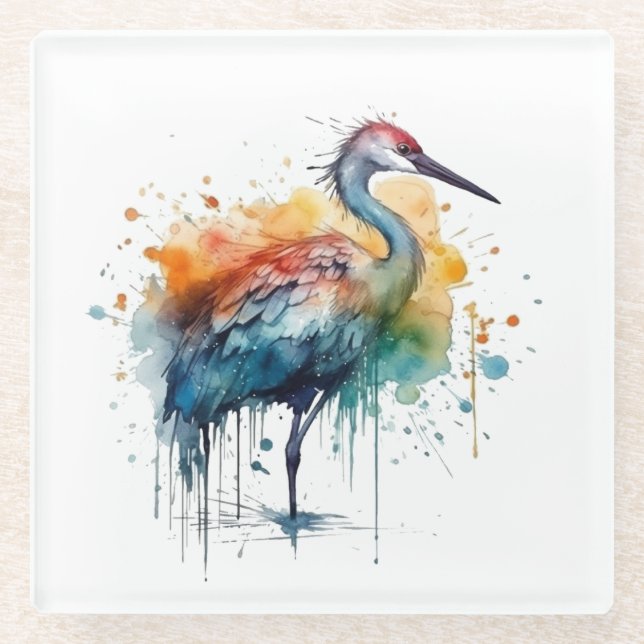 Posavasos De Vidrio Graceful Crane: Arte acuarela (Anverso)