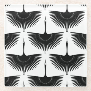 Posavasos De Vidrio Graceful Crane: Patrón de pájaro oriental