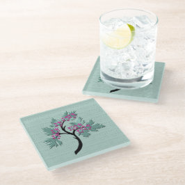 Posavasos De Vidrio Gracia Árbol Florido Verde + Ciruela