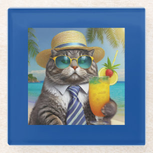 Posavasos De Vidrio Gracioso gato Guay y bebida tropical