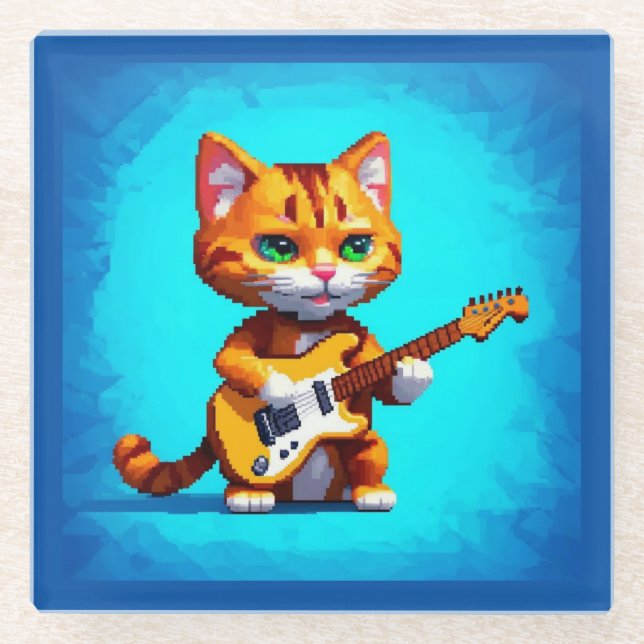 Posavasos De Vidrio Gracioso gato tocando guitarra (Anverso)