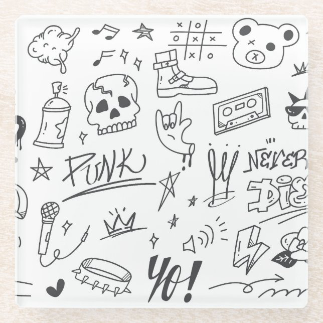Posavasos De Vidrio Graffiti Doodles: Crítica de la música Punk (Anverso)