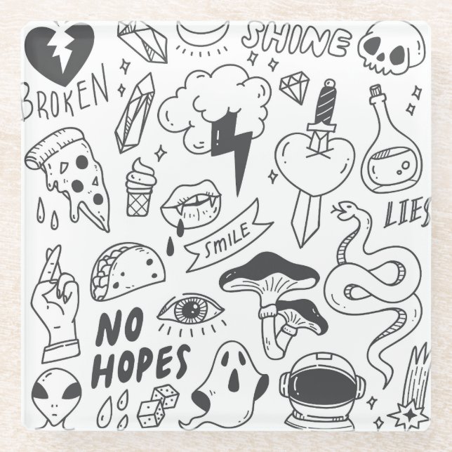 Posavasos De Vidrio Graffiti lindo: Conjunto de arte Doodle. (Anverso)