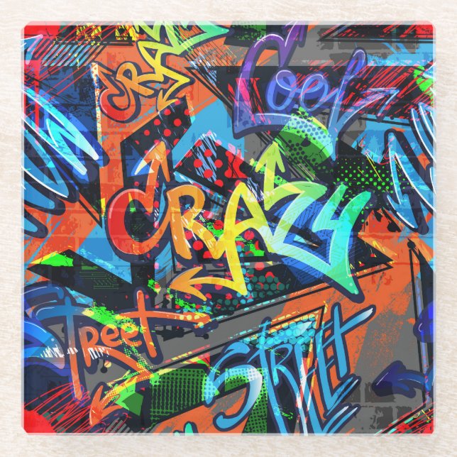 Posavasos De Vidrio Grafiti brillante, diseño gráfico urbano. (Anverso)