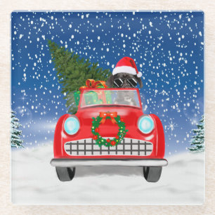 Posavasos De Vidrio Gran Danés Conduciendo Coche En La Nieve Navidad