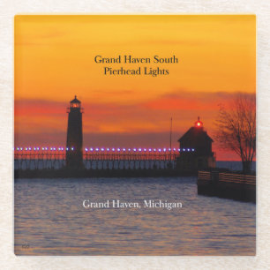 Posavasos De Vidrio Grand Haven South Pierhead Lights puesta de sol po