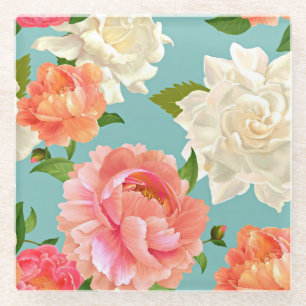 Posavasos De Vidrio Grandes Flores en Bebida Country Vintage Azul