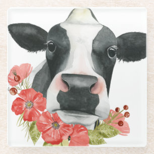 Posavasos De Vidrio Granja de amapola - Vaca con flores