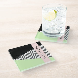Posavasos De Vidrio Gray Zigzag, Gray Chevron, Mint, Su Nombre