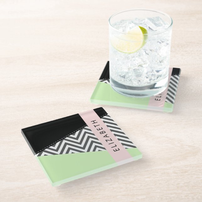 Posavasos De Vidrio Gray Zigzag, Gray Chevron, Mint, Su Nombre (Angular)