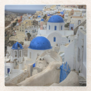Posavasos De Vidrio Grecia, Santorini. Torre Bell y cúpulas azules