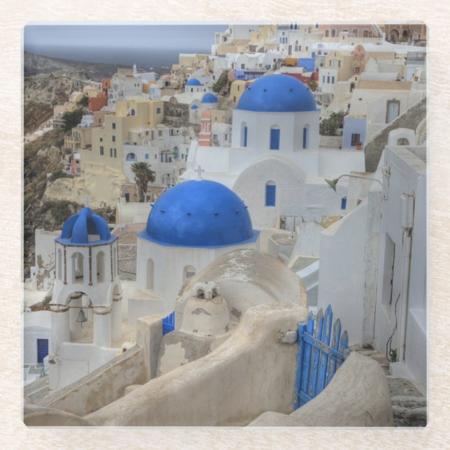 Posavasos De Vidrio Grecia, Santorini. Torre Bell y cúpulas azules (Anverso)
