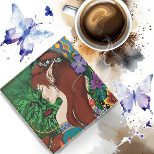 Posavasos De Vidrio Green Man Elf Fantasy Floral