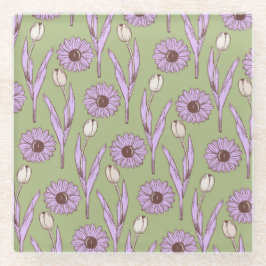 Posavasos De Vidrio Green Purple Retro Y2K Funky Hippie Flower Pattern