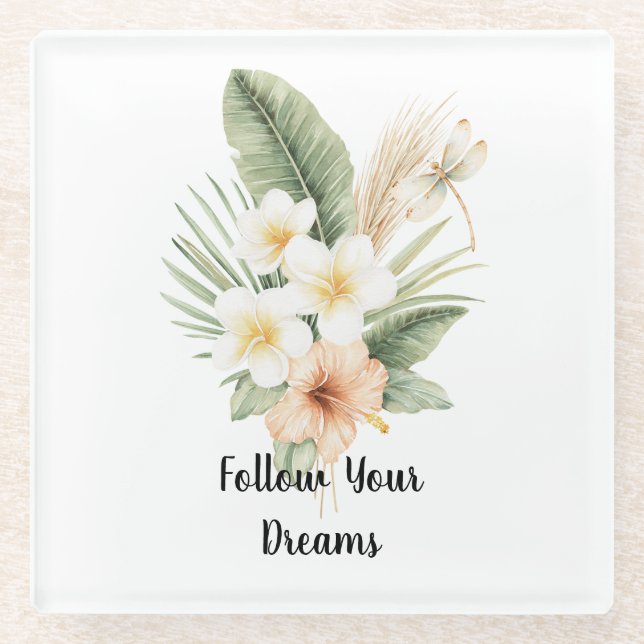 Posavasos De Vidrio Green Tropical Peach Hibiscus Plumeria Dragonfly (Anverso)