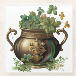 POSAVASOS DE VIDRIO GREEN Y GOLD IRISH POT OF SHAMROCKS & VINS