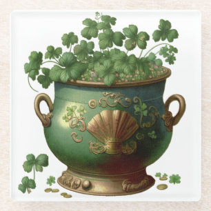 POSAVASOS DE VIDRIO GREEN Y GOLD IRISH POT OF SHAMROCKS & VINS