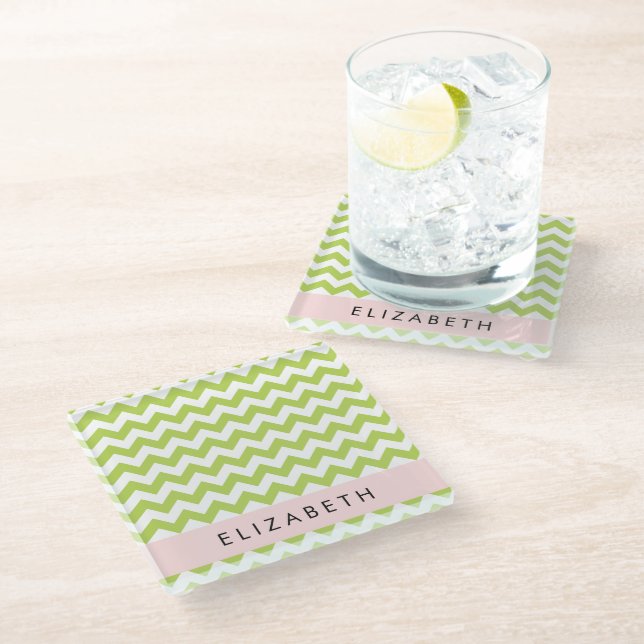Posavasos De Vidrio Green Zigzag, Green Chevron, Tu Nombre (Angular)