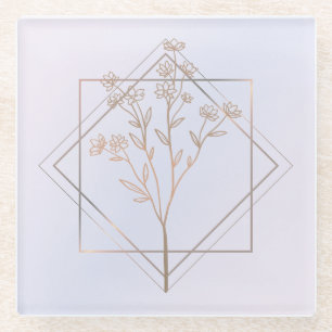 Posavasos De Vidrio Gris de lavanda con diseño floral dorado