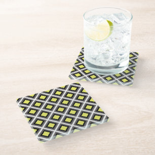 Posavasos De Vidrio Gris oscuro, negro, diamantes de ikat amarillo de