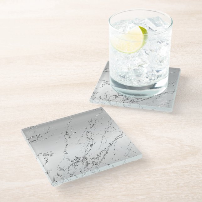 Posavasos De Vidrio Gris Plateado Glitzy Brillo Falso (Angular)