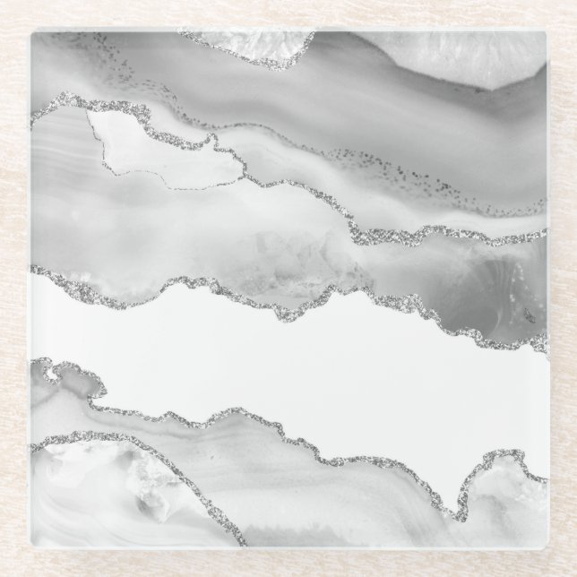 Posavasos De Vidrio Gris White Marble Agble Simple Silver Purpurina (Anverso)