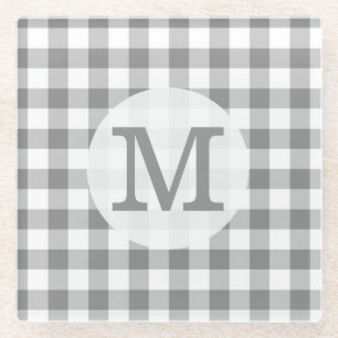 Posavasos De Vidrio Gris Y Blanco Gingham Check Monogramado