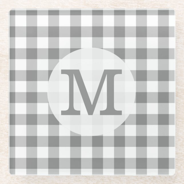 Posavasos De Vidrio Gris Y Blanco Gingham Check Monogramado (Anverso)