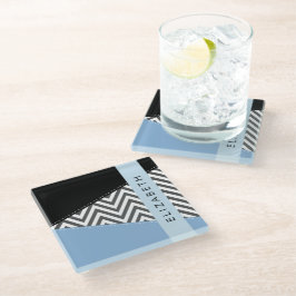 Posavasos De Vidrio Gris Zigzag, Gris Chevron, Azul, Tu Nombre